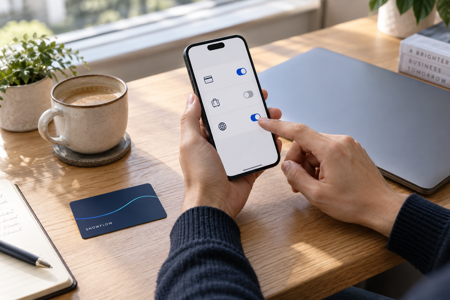 A Snowflow-branded business card beside a phone displaying spending controls