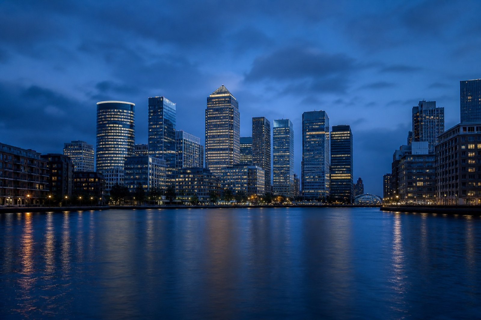 Canary Wharf and its dockside commercial district at blue hour