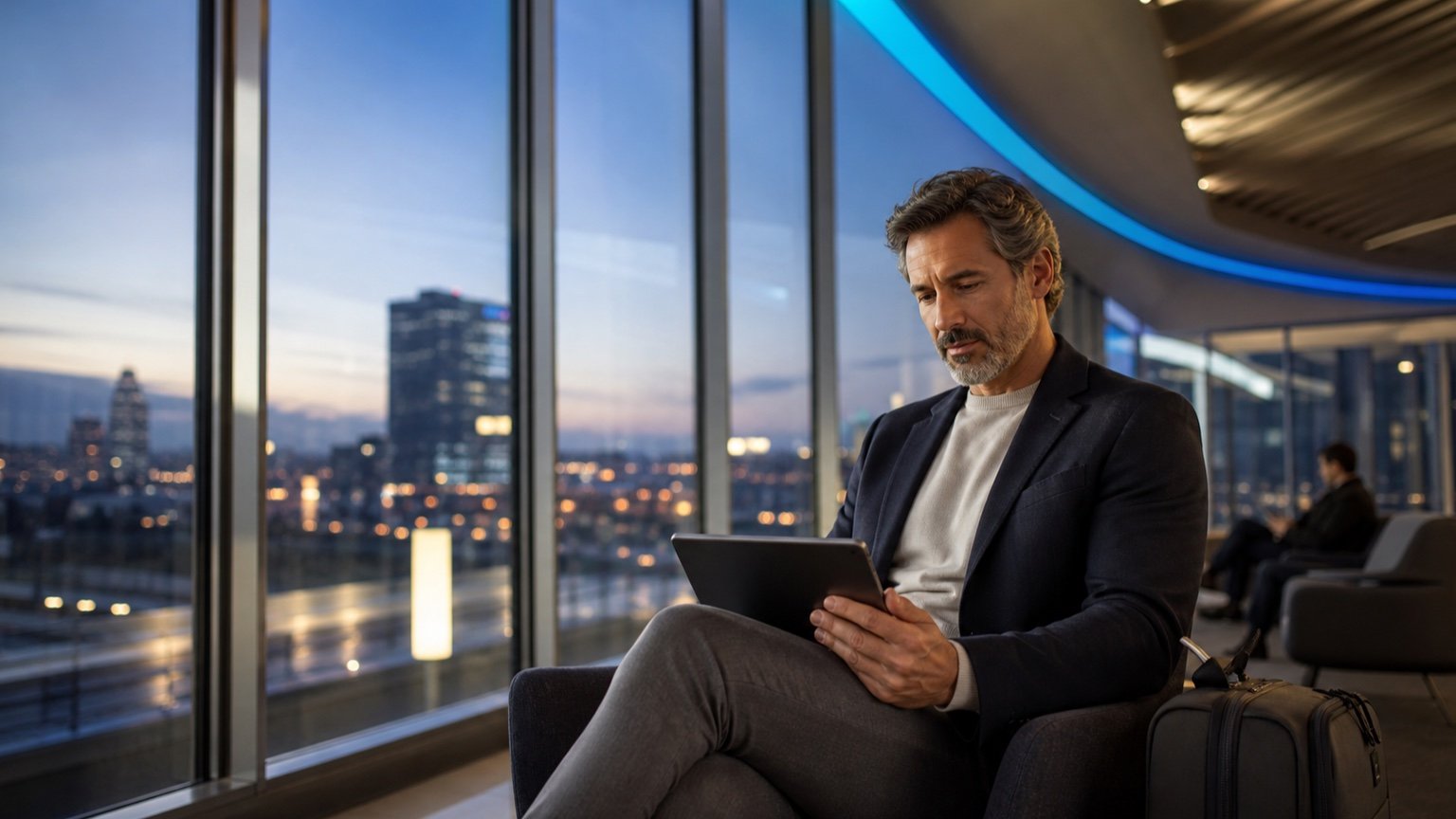 An internationally active business owner reviewing work between locations