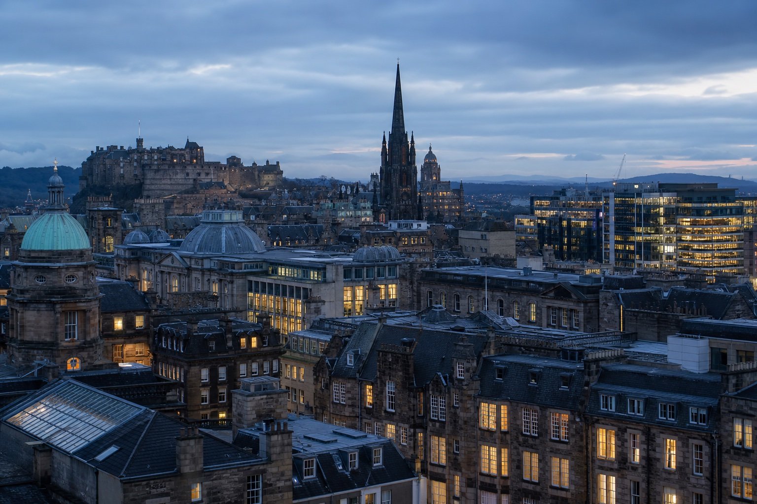 Edinburgh's historic and modern skyline in cool early light