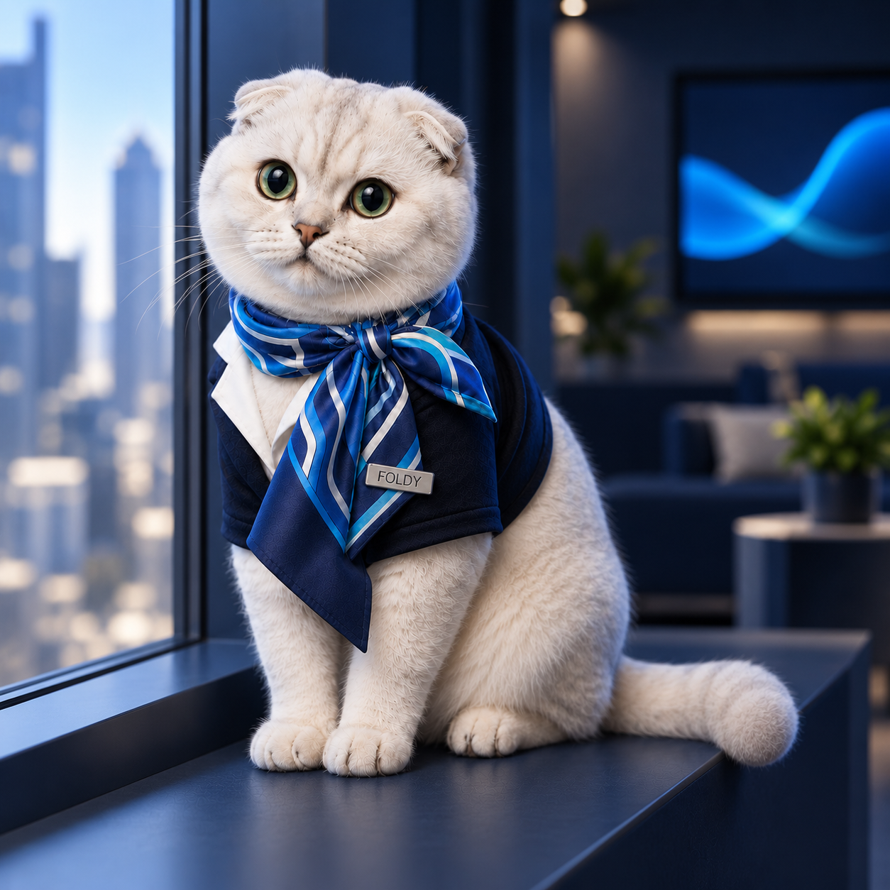 Foldy, Snowflow's female folded-ear cat character, seated by an office window in her navy vest and striped scarf with a Foldy name badge