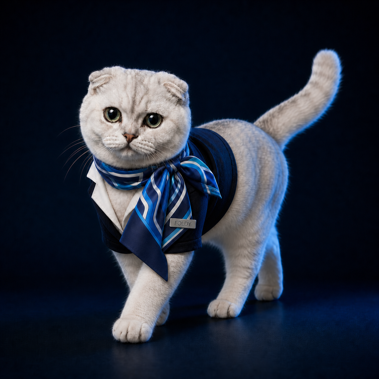 Foldy, Snowflow's folded-ear cat character, wearing a navy jacket and blue scarf with a Foldy name badge