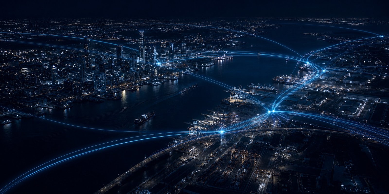 A global city and port connected by blue routes