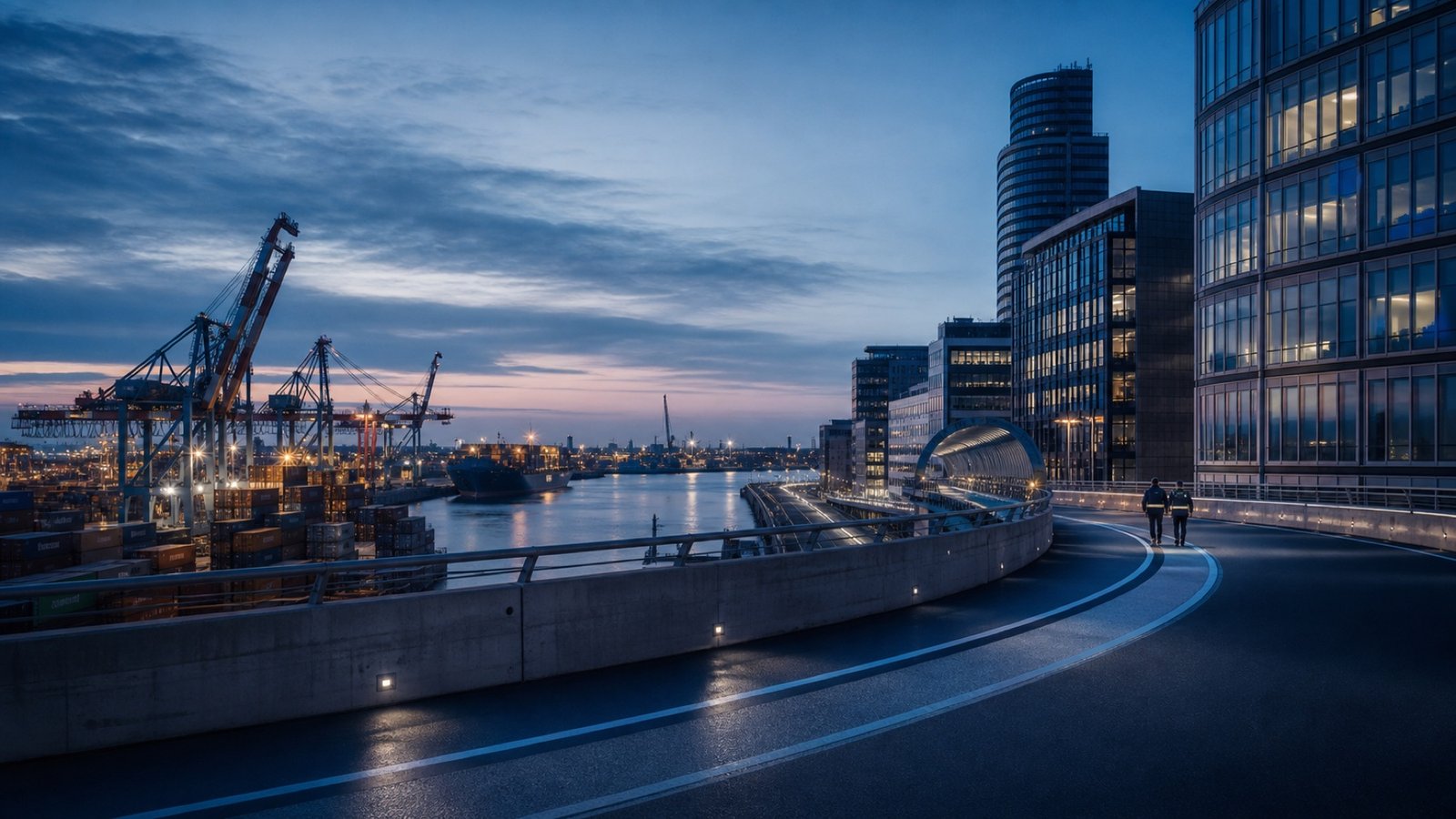 An international commercial district and port connected by a blue route