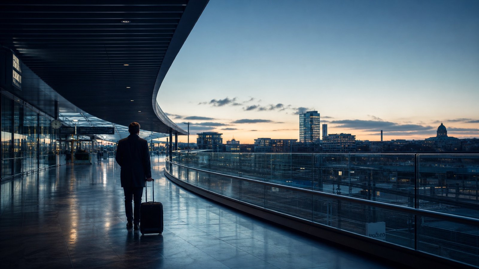 An internationally active private client moving through a contemporary transport hub