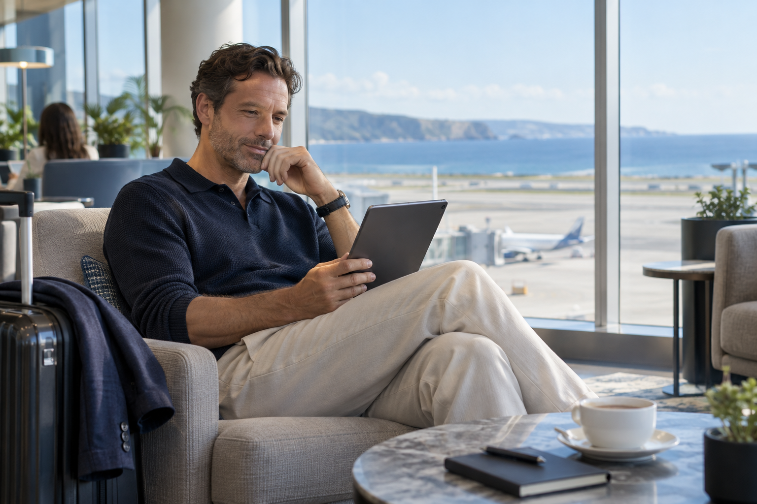 A business owner reviewing a tablet in a contemporary airport lounge