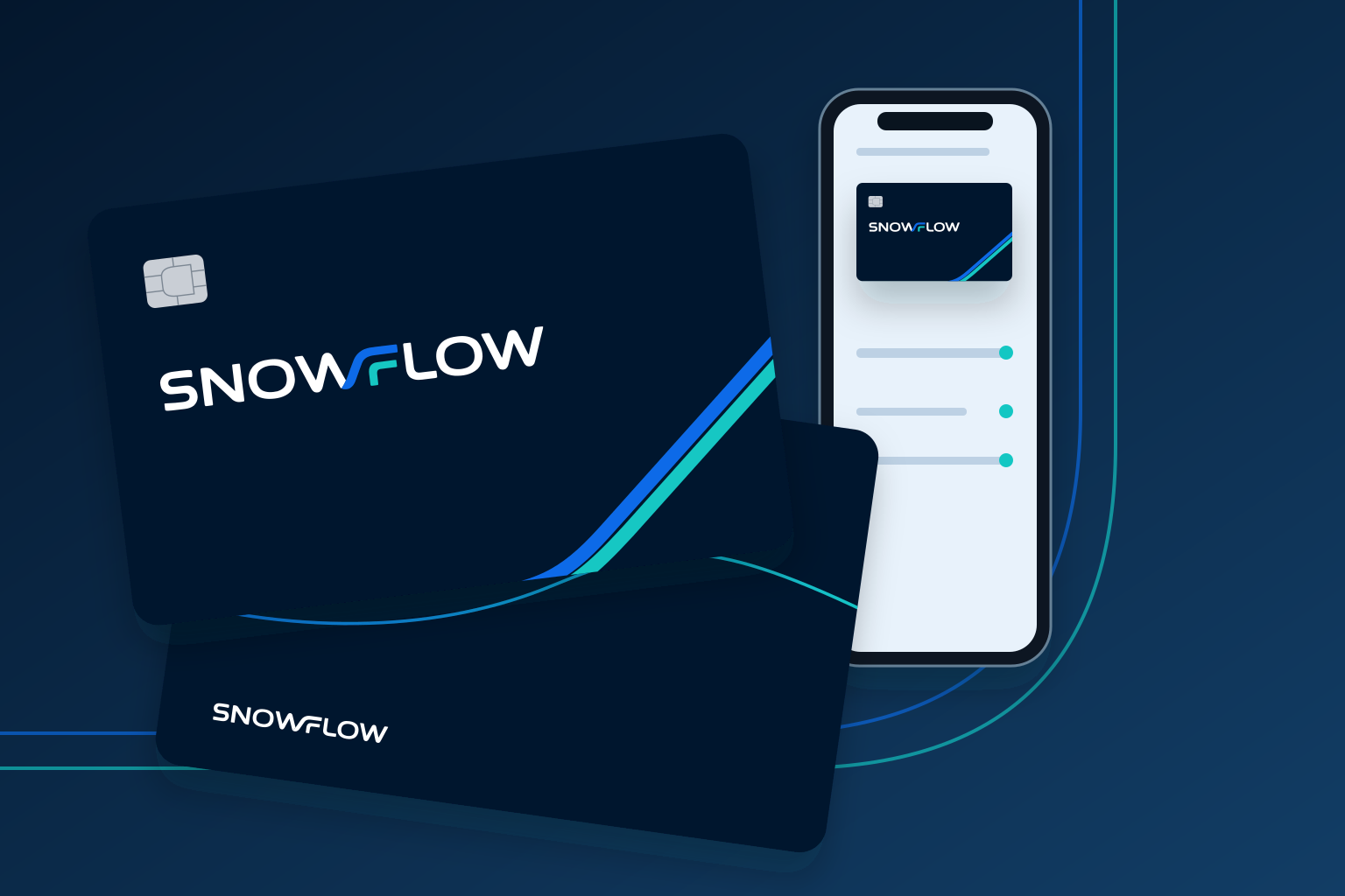 The approved navy Snowflow business card front and fine-line reverse beside an illustrative card-control screen