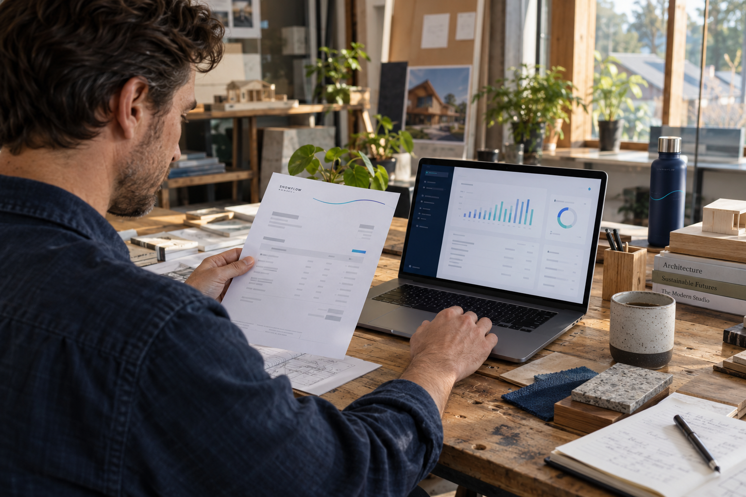 A business owner reviewing invoices and collections at a modern studio desk