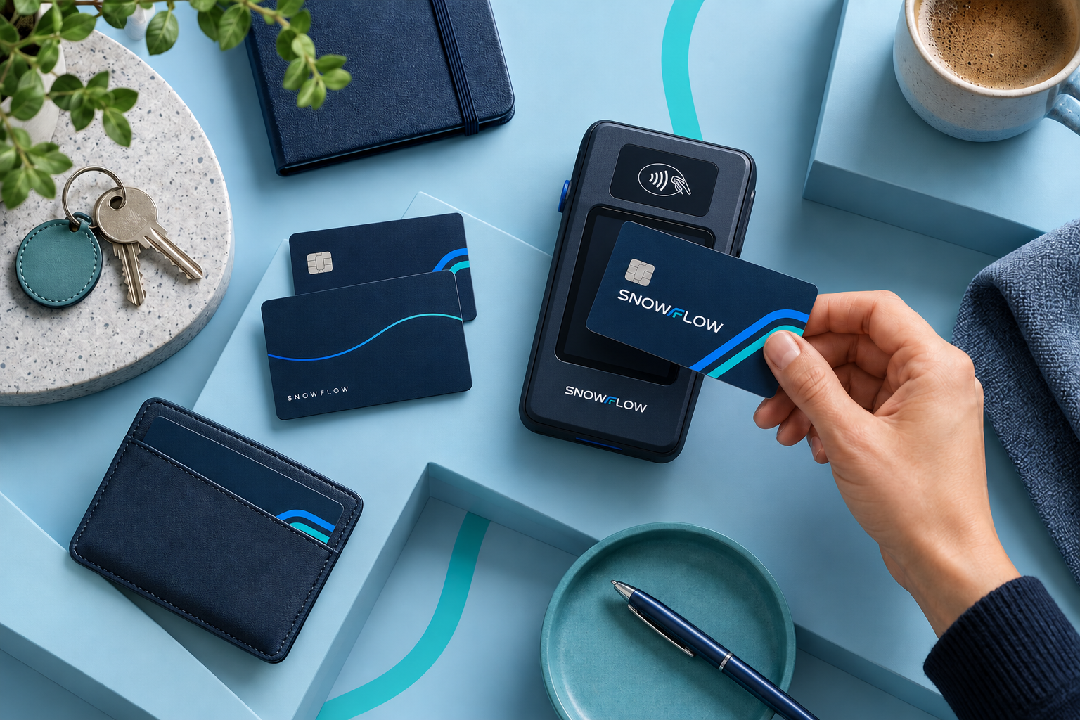 The same navy Snowflow card front and fine-line reverse alongside the approved branded handheld terminal in a bright desk scene