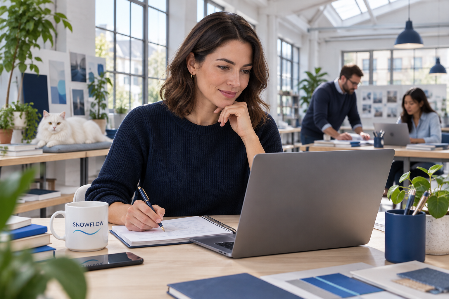 A finance lead reviewing pay-run records in a design studio, with colleagues and Snowy in the background
