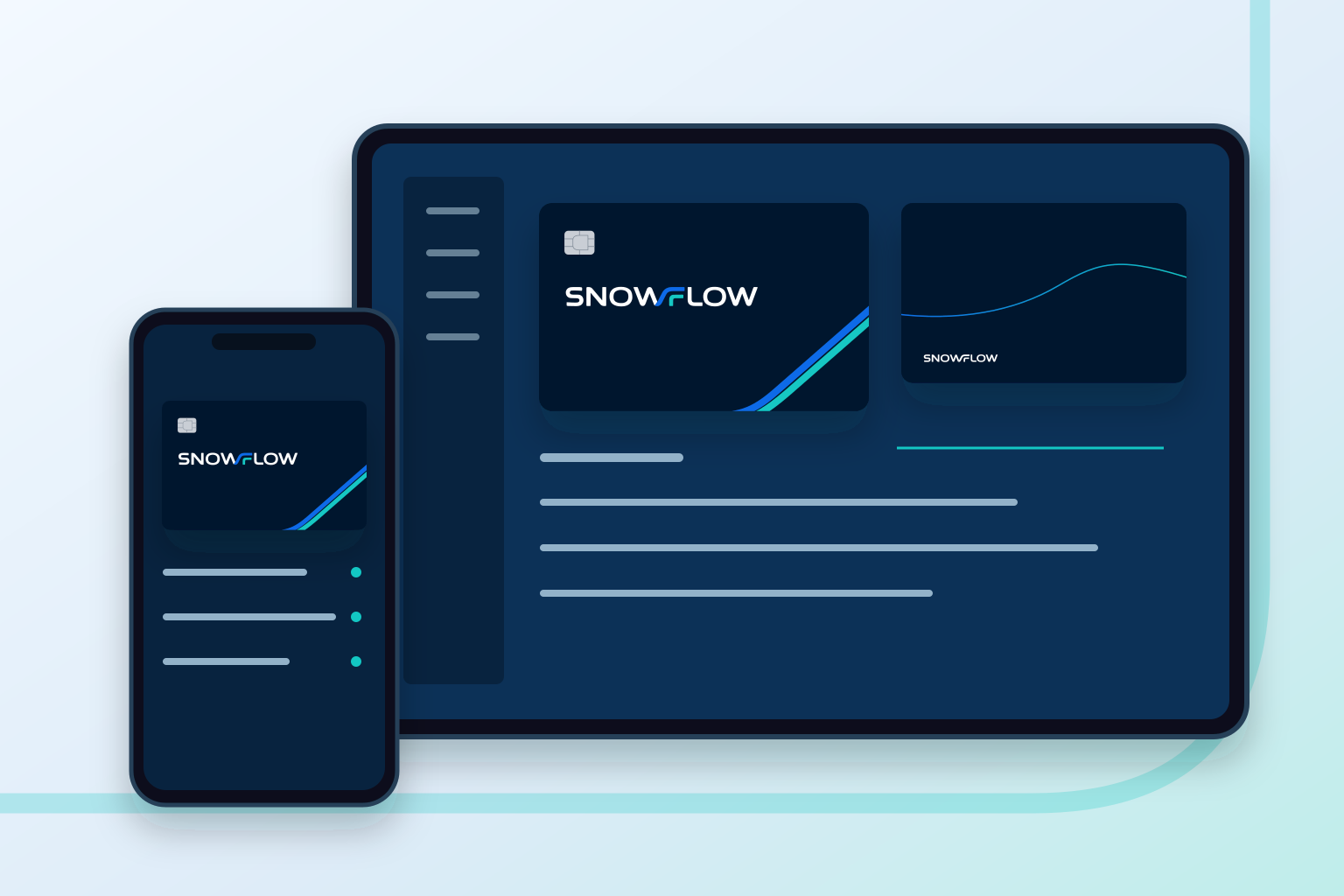 Illustrative Snowflow tablet and phone account views showing the same approved navy card front and fine-line reverse