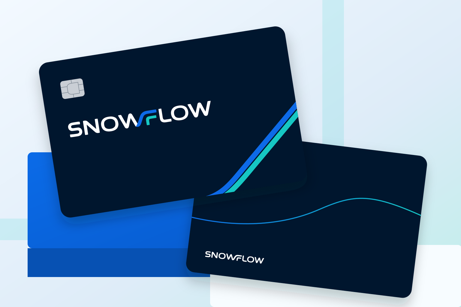 Front and reverse of the same navy Snowflow card: silver chip and bold blue-turquoise routes on the front, a fine flowing line on the reverse