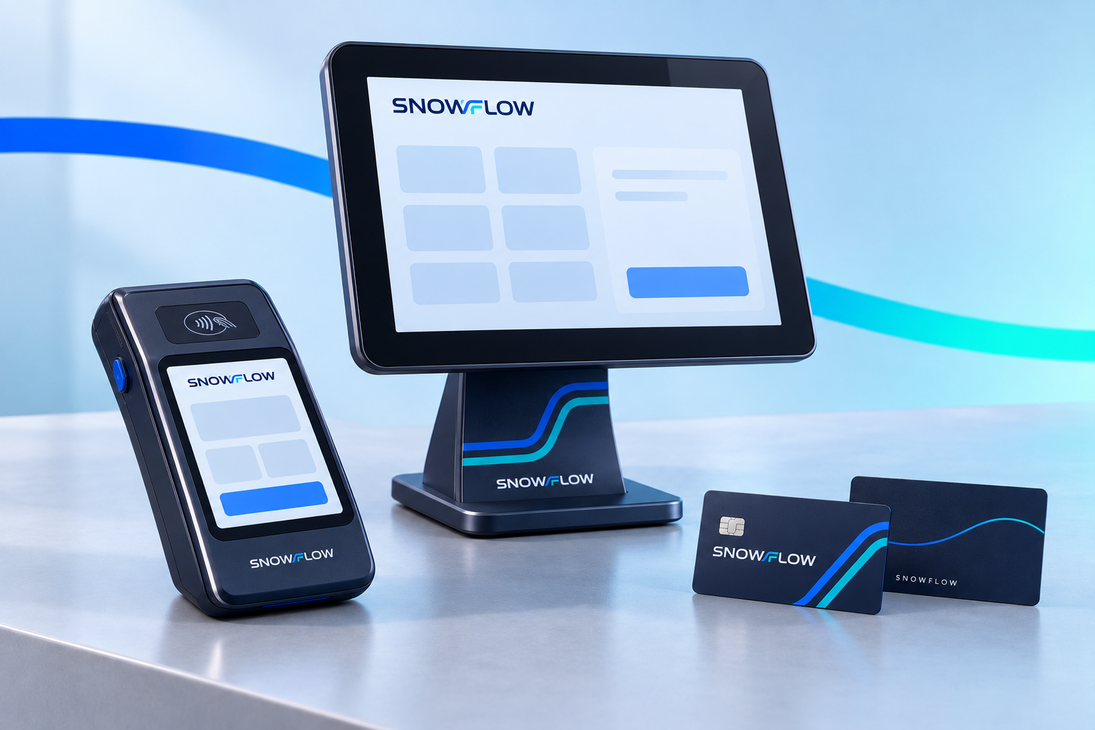 The approved navy Snowflow handheld terminal, branded EPOS stand and matching front and reverse of the Snowflow card