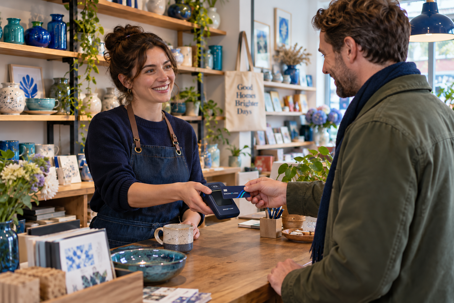 An independent retailer accepting a customer payment at a Snowflow-branded terminal