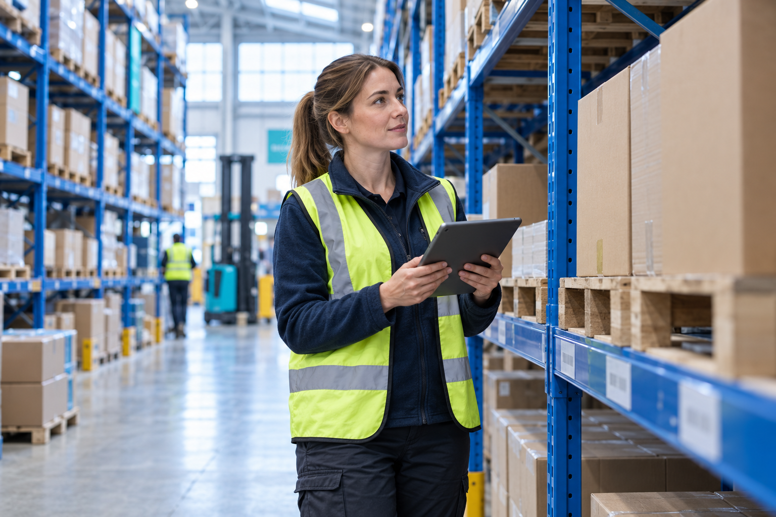 A logistics supervisor checking a tablet in an organised warehouse