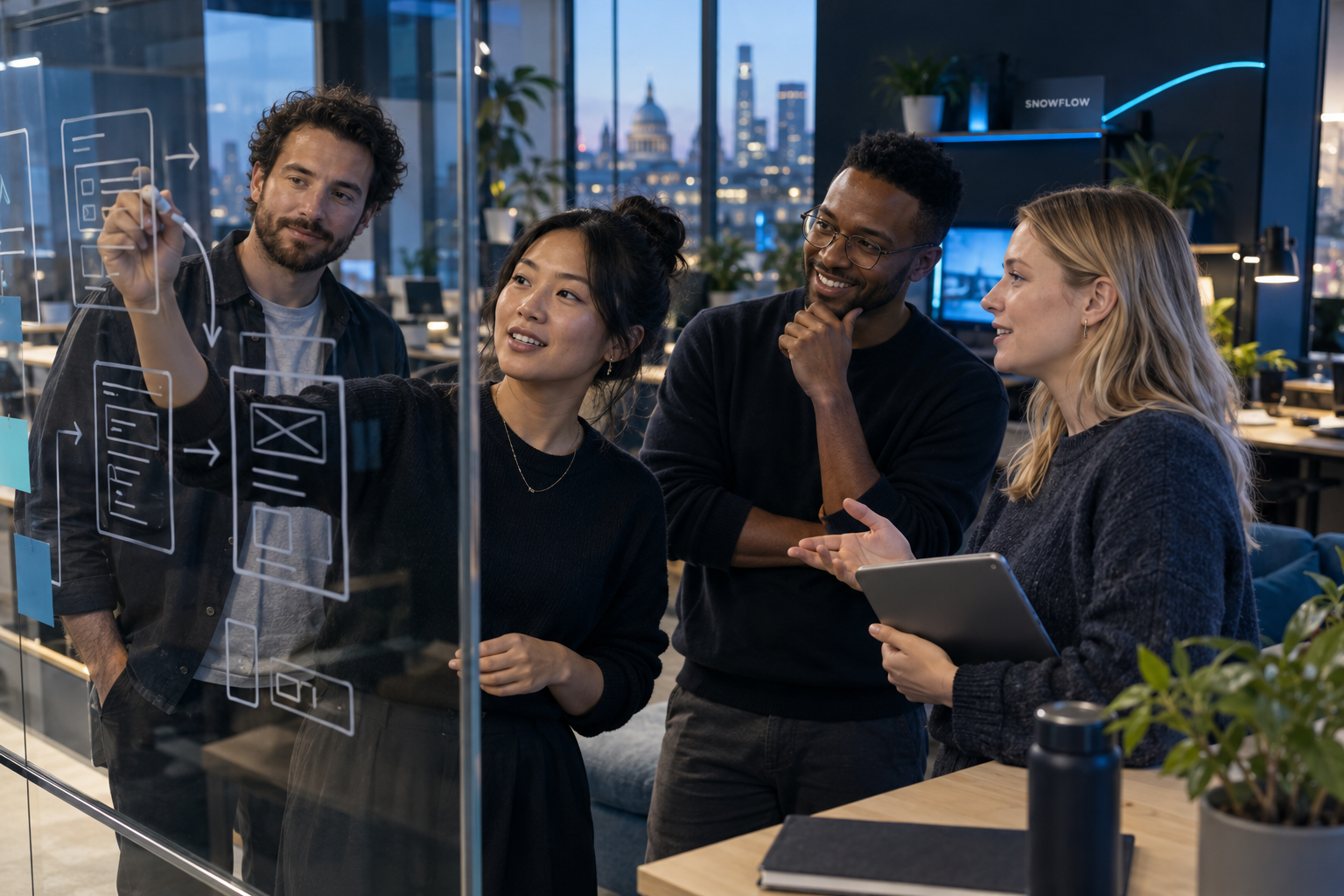 A technology team collaborating in a contemporary creative workspace