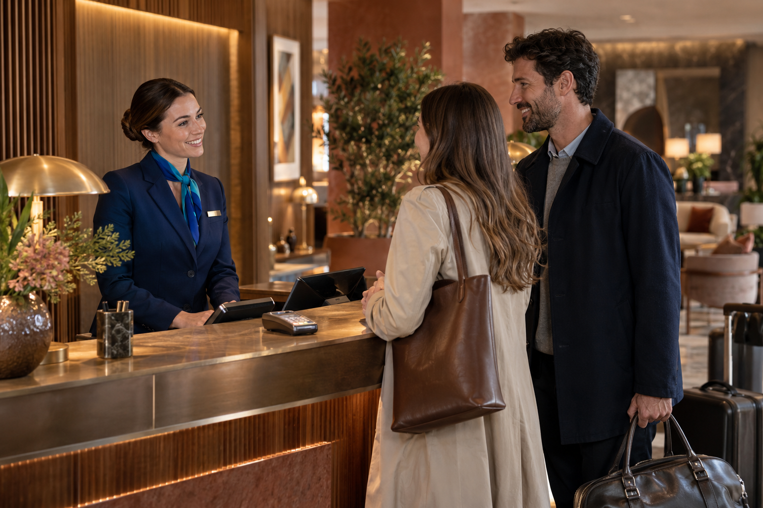 Hospitality staff welcoming a guest at a contemporary hotel reception