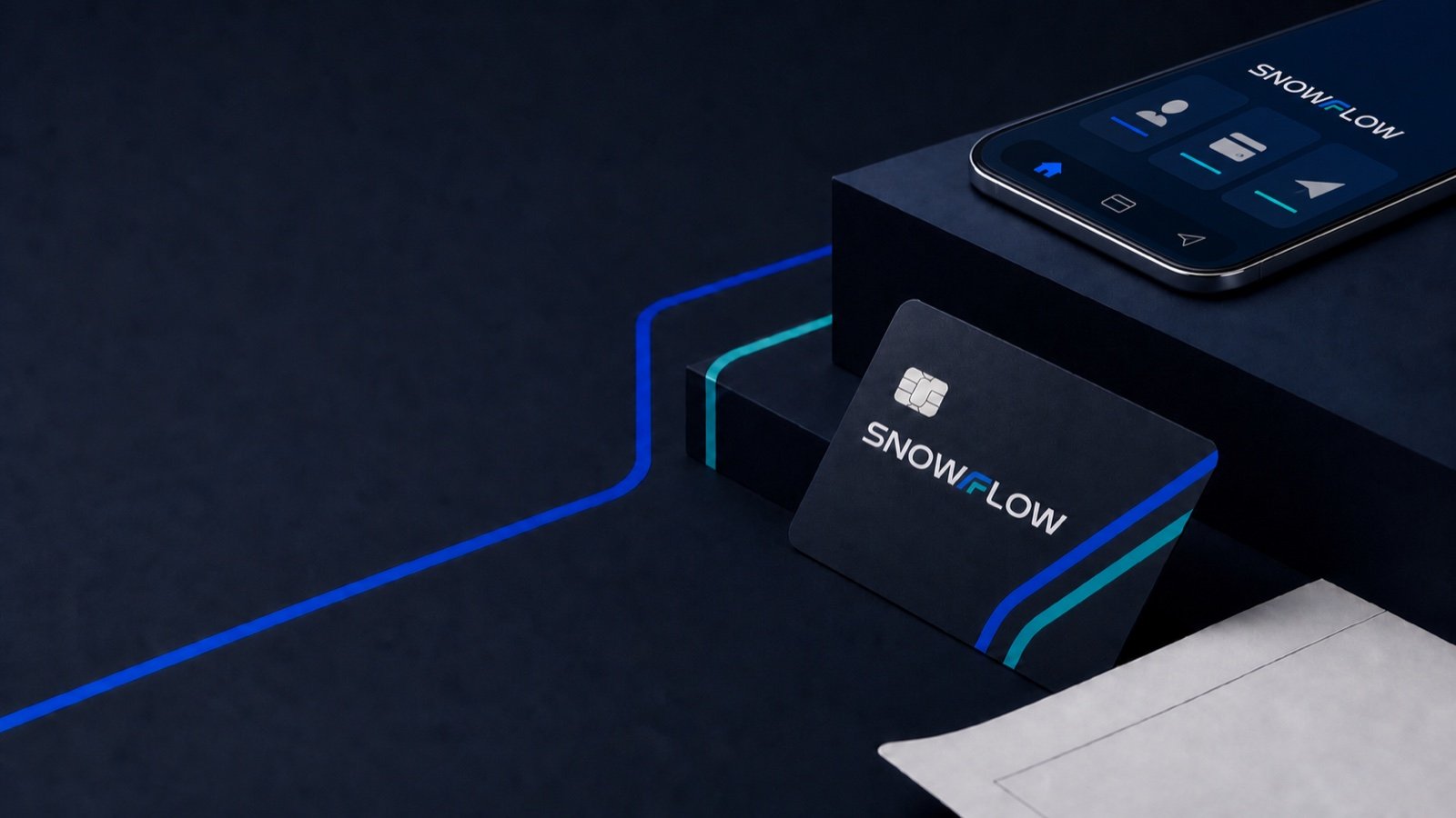 A Snowflow navy business card beside a phone showing the Snowflow mobile app, connected by blue and turquoise routes