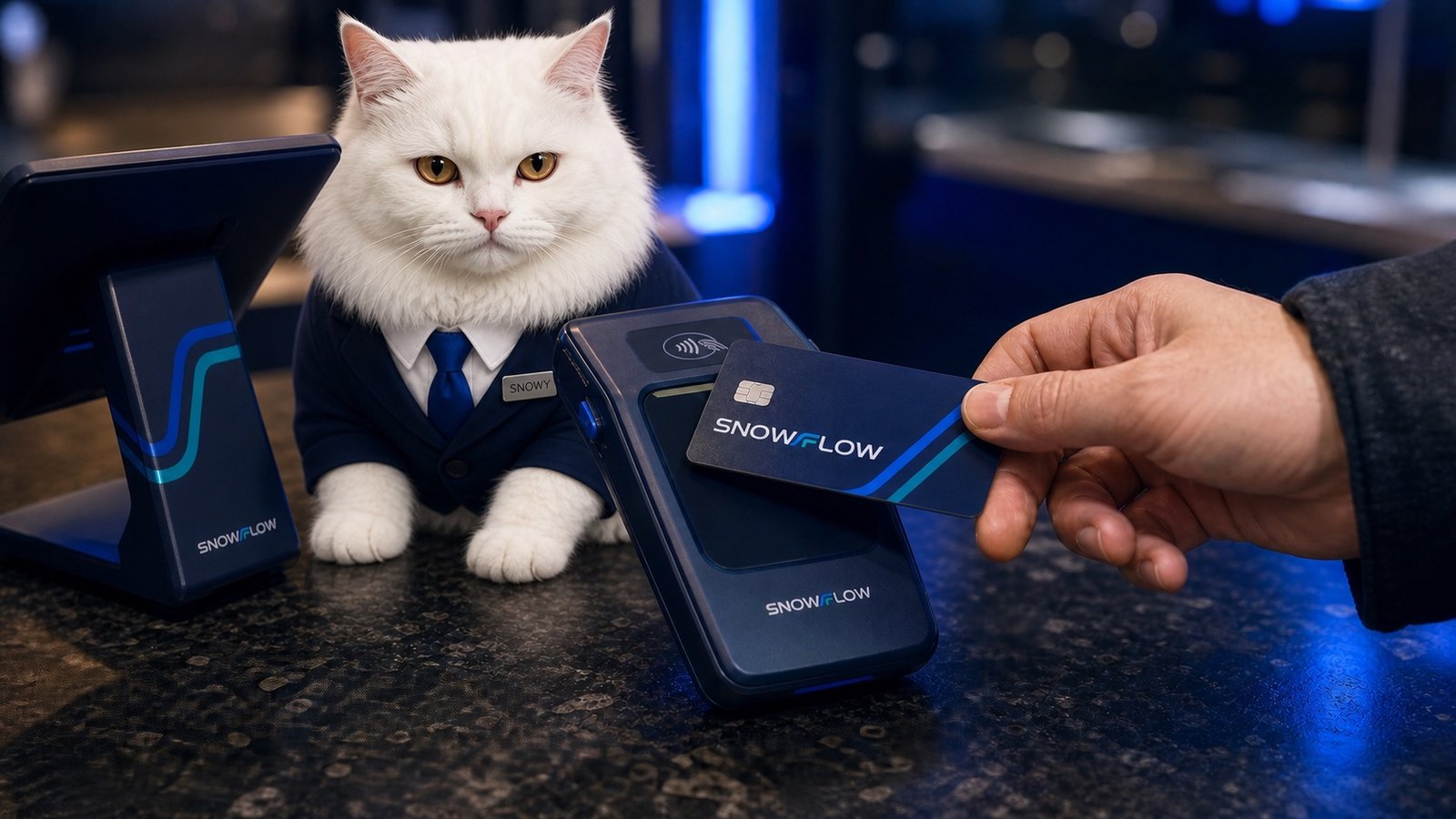 A customer making a payment at Snowflow-branded hardware, with Snowy discreetly behind the counter