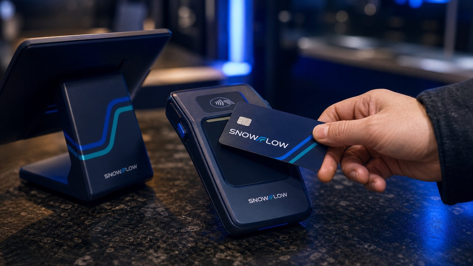 Snowflow-branded countertop EPOS, handheld payment terminal and business card