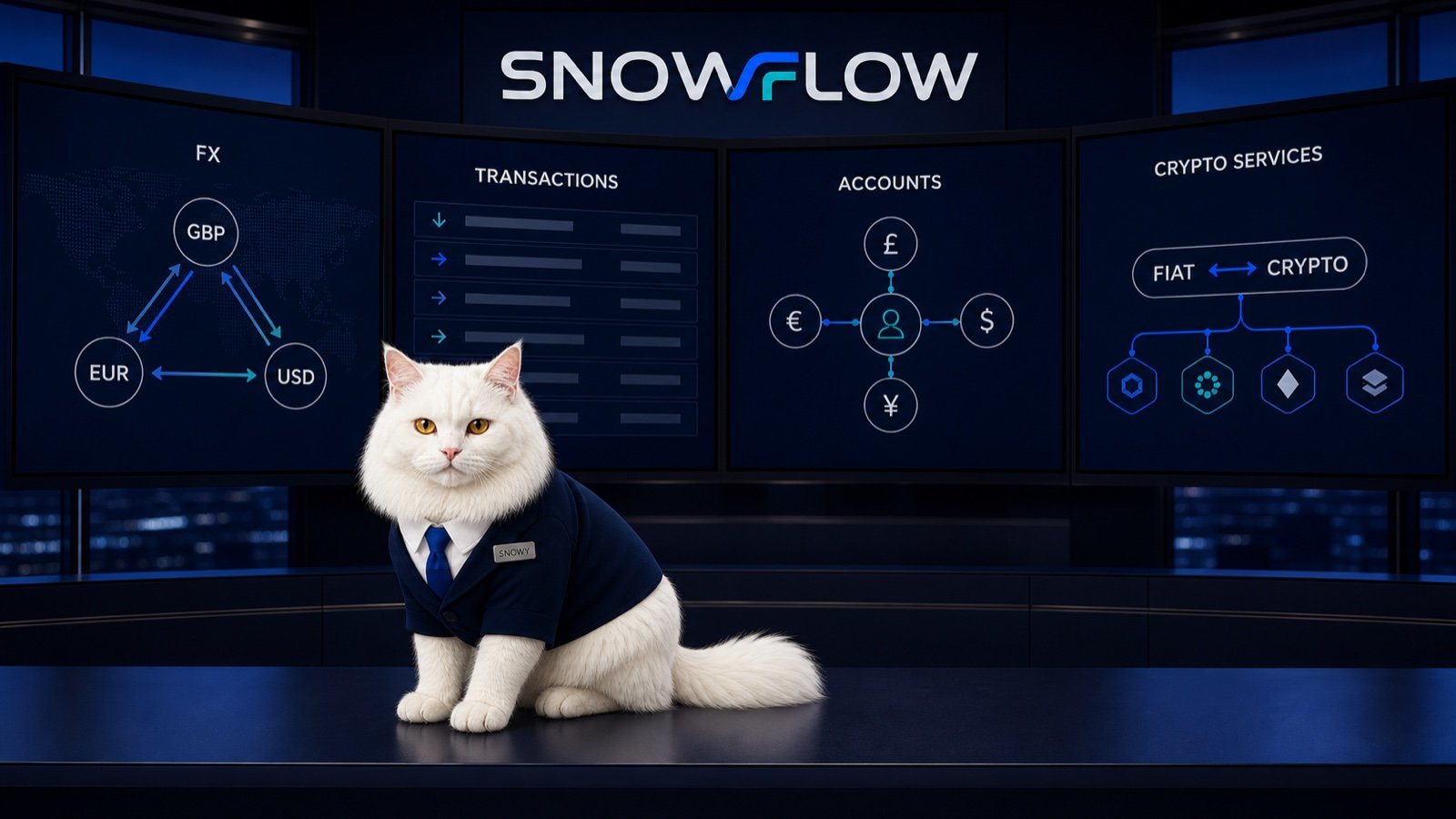 Snowy in his navy manager jacket in front of Snowflow interface screens illustrating foreign exchange, transaction activity and crypto services
