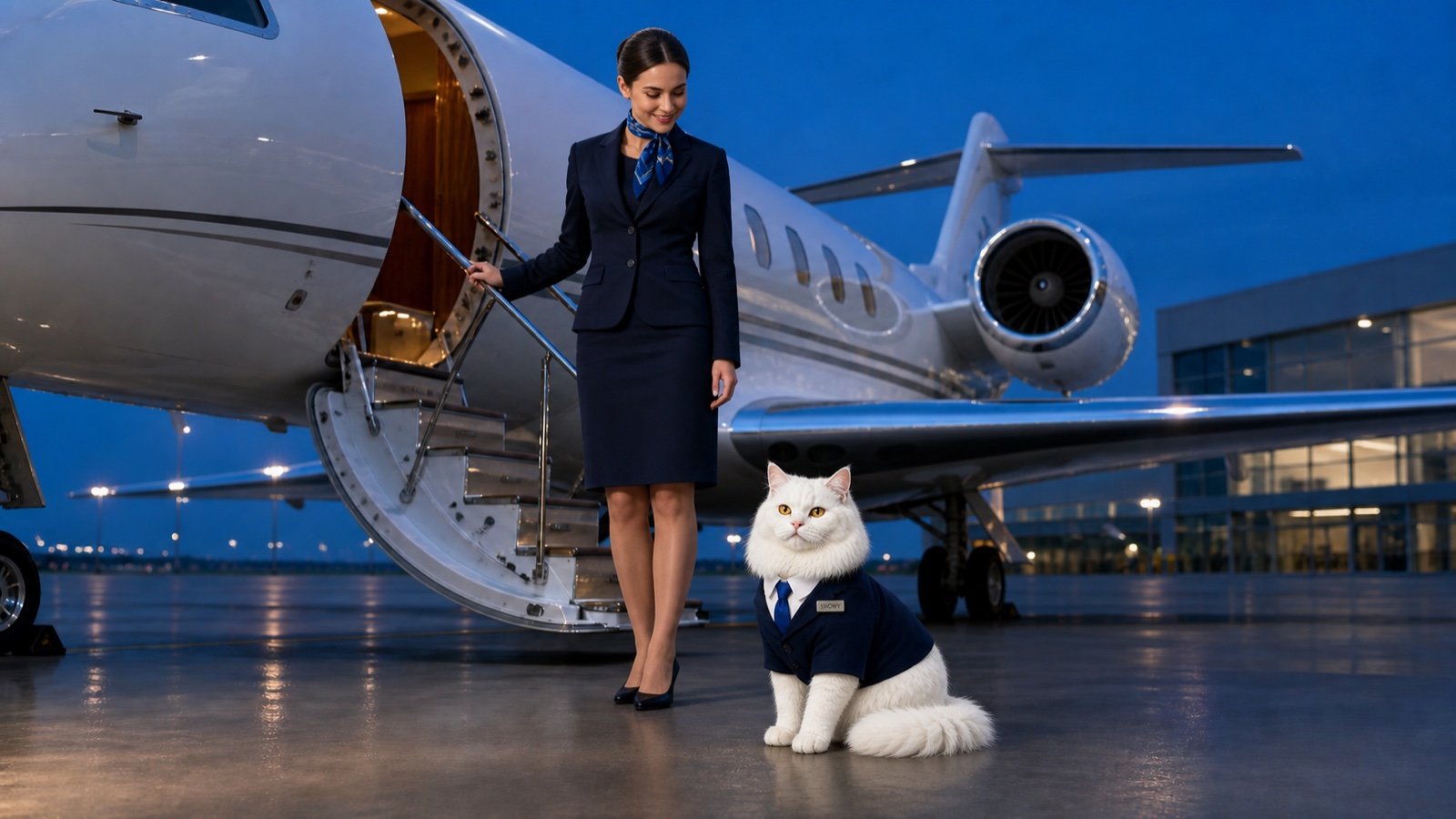 Snowy seated in his navy manager jacket beside a flight attendant at the steps of a private aircraft