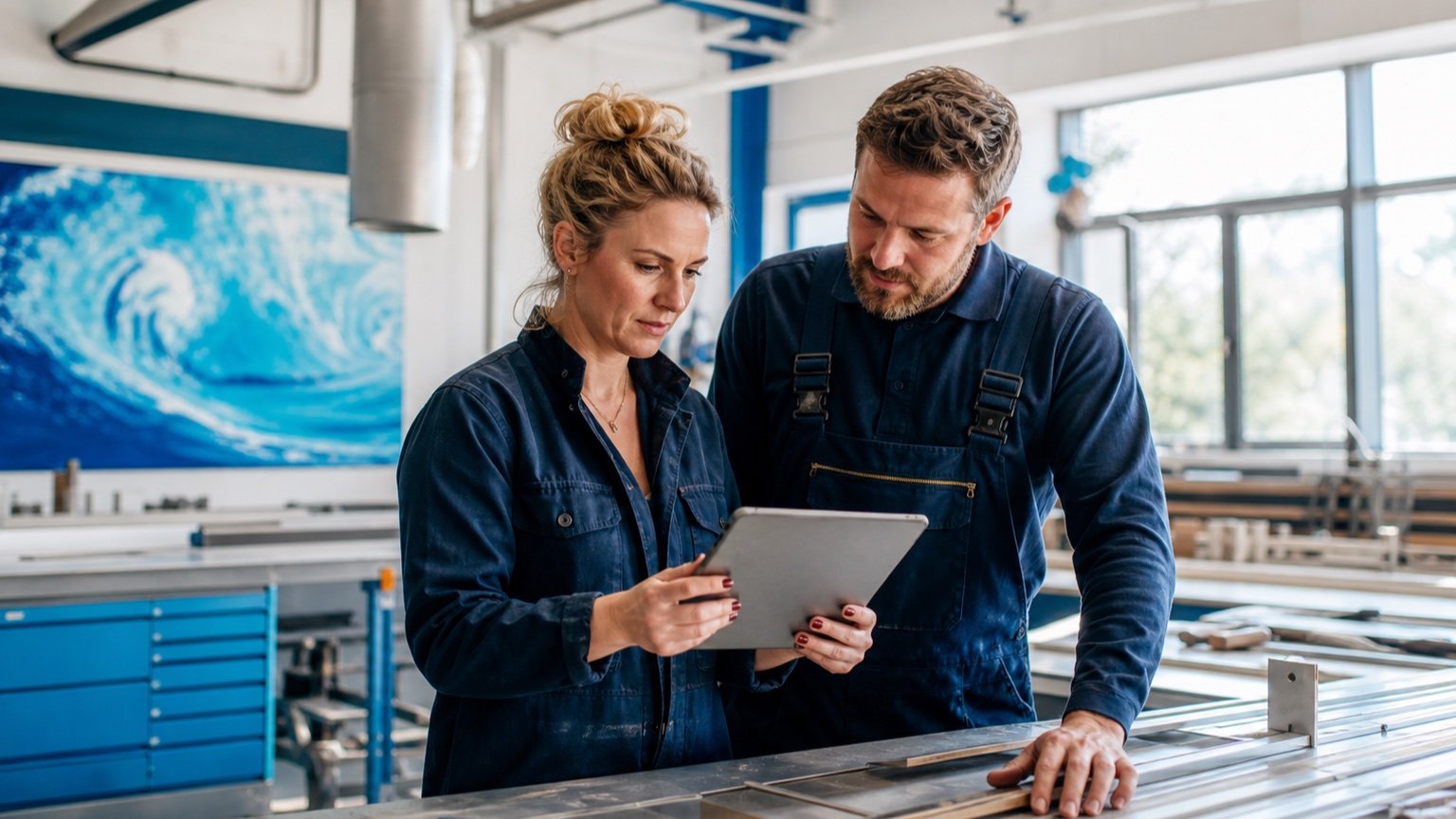 Specialist business owners reviewing operations in a modern workshop