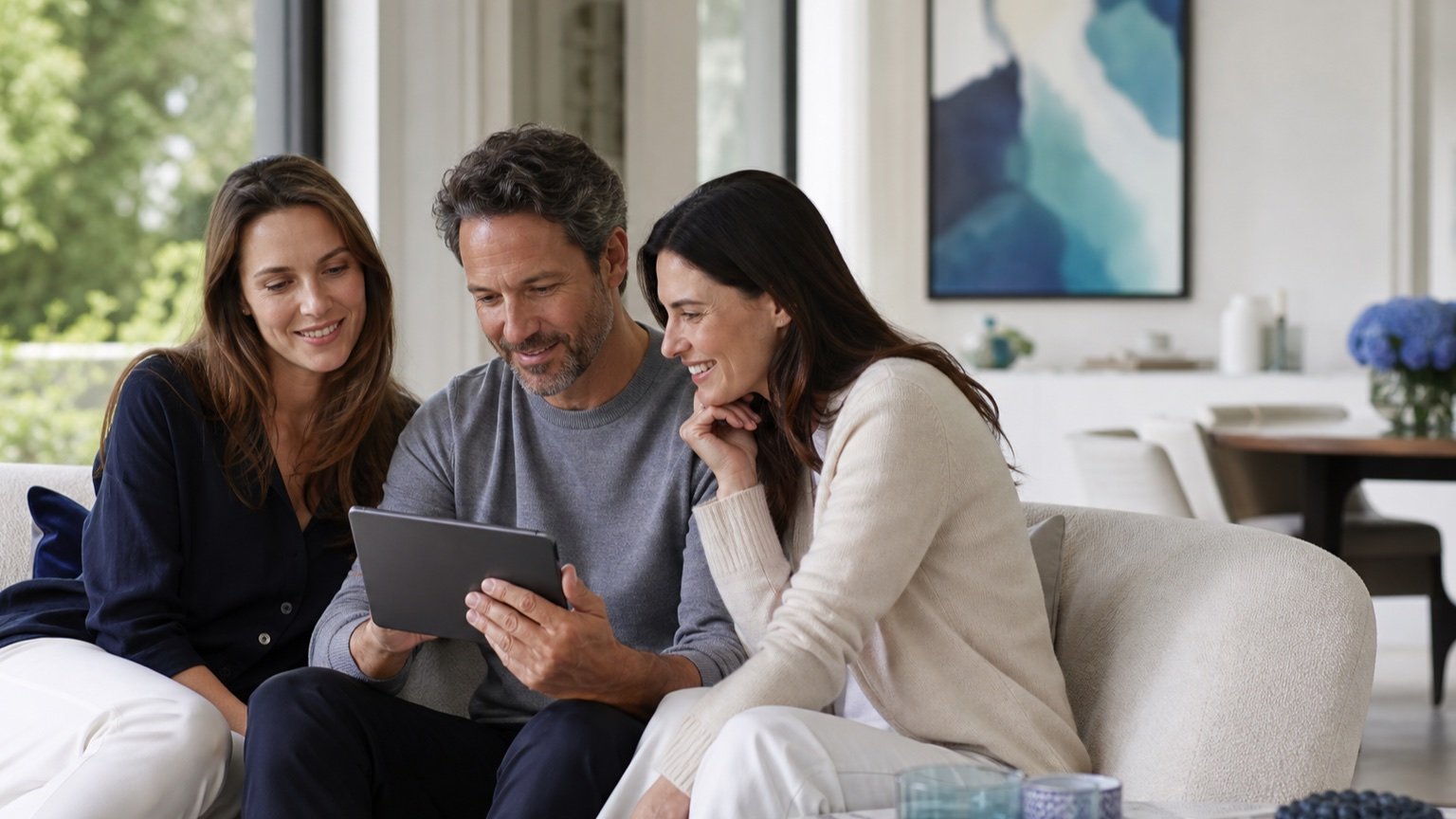 An adult family reviewing international finances together at home