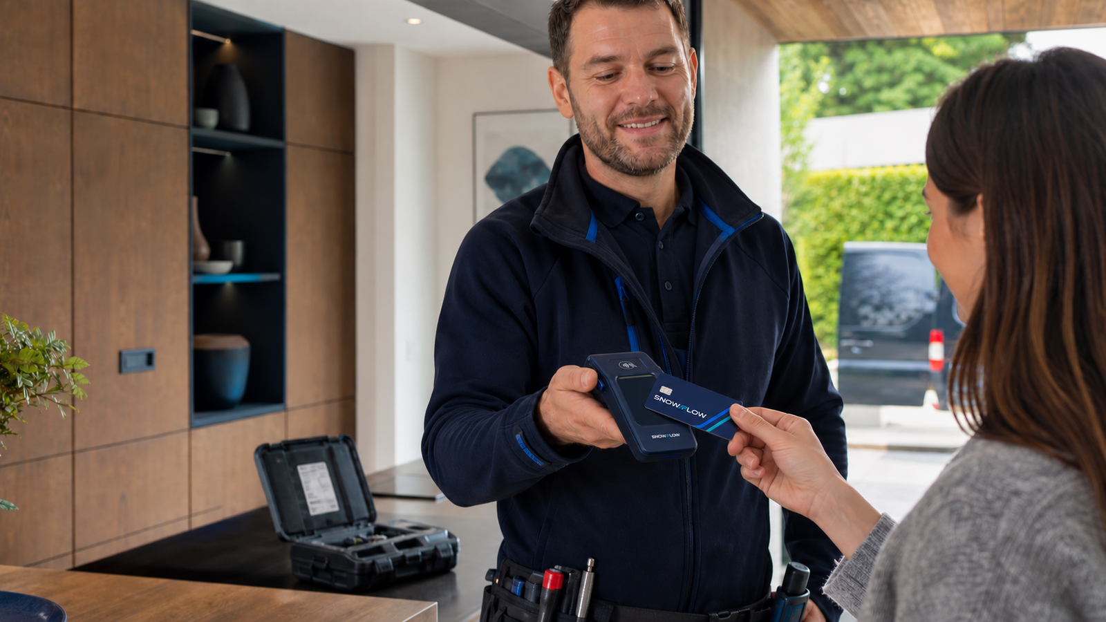 A specialist contractor accepting a contactless payment at a completed job